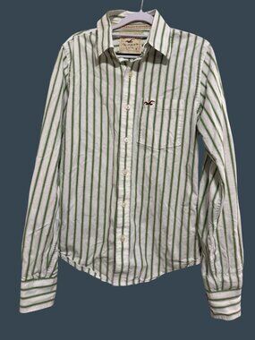 Hollister Green White Striped LS Shirt Sz S Men's